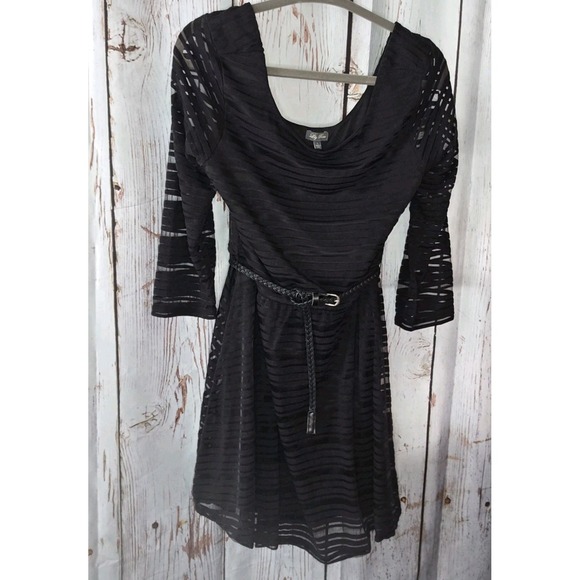 Women's Lily Rose Black 3/4 Sleeve Scoop Neck Braided Belt Mini Dress Sz Large - Picture 4 of 5